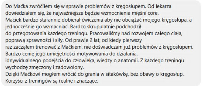 Opinia klienta o pracy nad kręgosłupem i powrocie do sportu