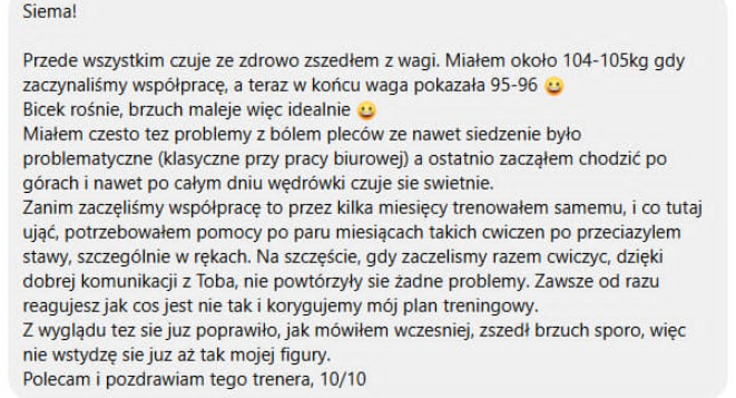 Opinia klienta o redukcji wagi, poprawie sylwetki i pracy bez bólu pleców